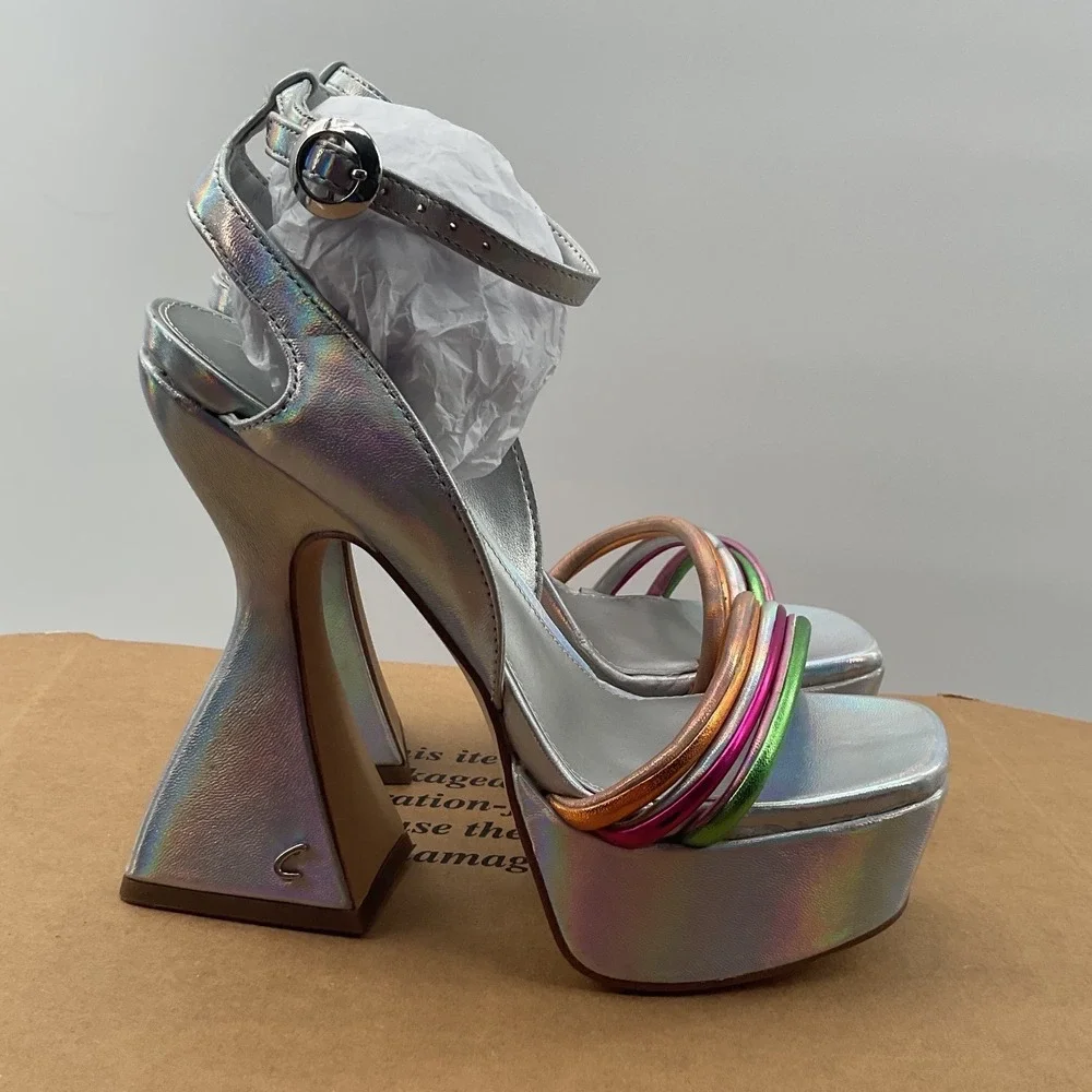Circus NY Sam Edelman Silver Holographic Multi Strap Platform Flared Heel Sandal